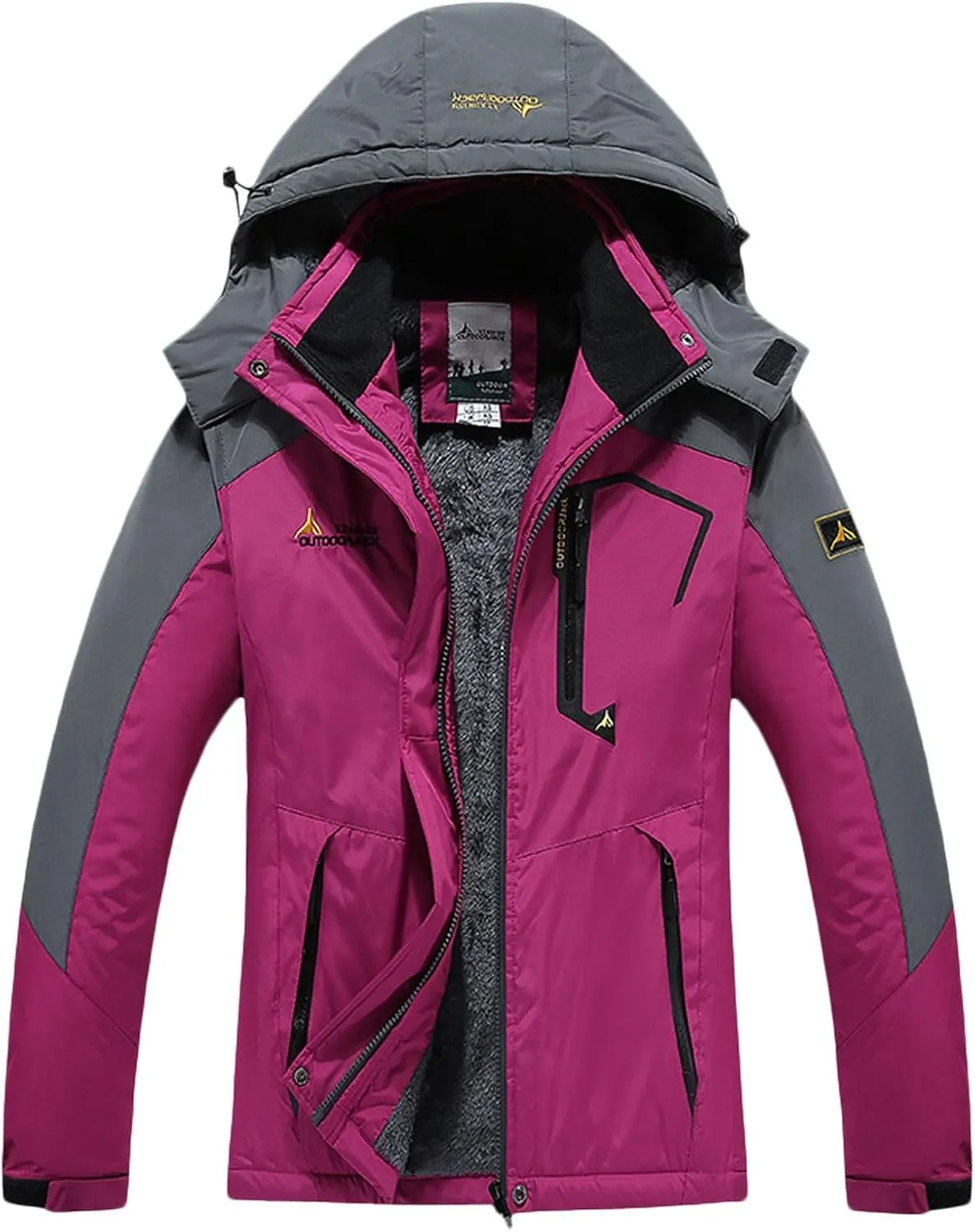 PeQAQ Womens Fleece Waterproof Rain Jacket Winter Warm Hooded Windbreaker Jackets Active Outdoor Raincoat Fashion Trench Coat