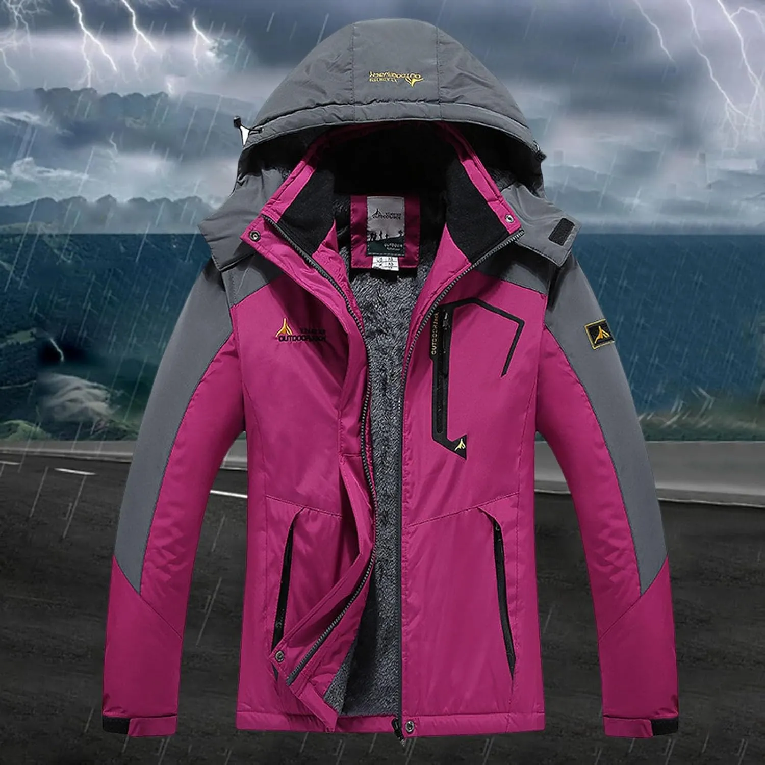 PeQAQ Womens Fleece Waterproof Rain Jacket Winter Warm Hooded Windbreaker Jackets Active Outdoor Raincoat Fashion Trench Coat