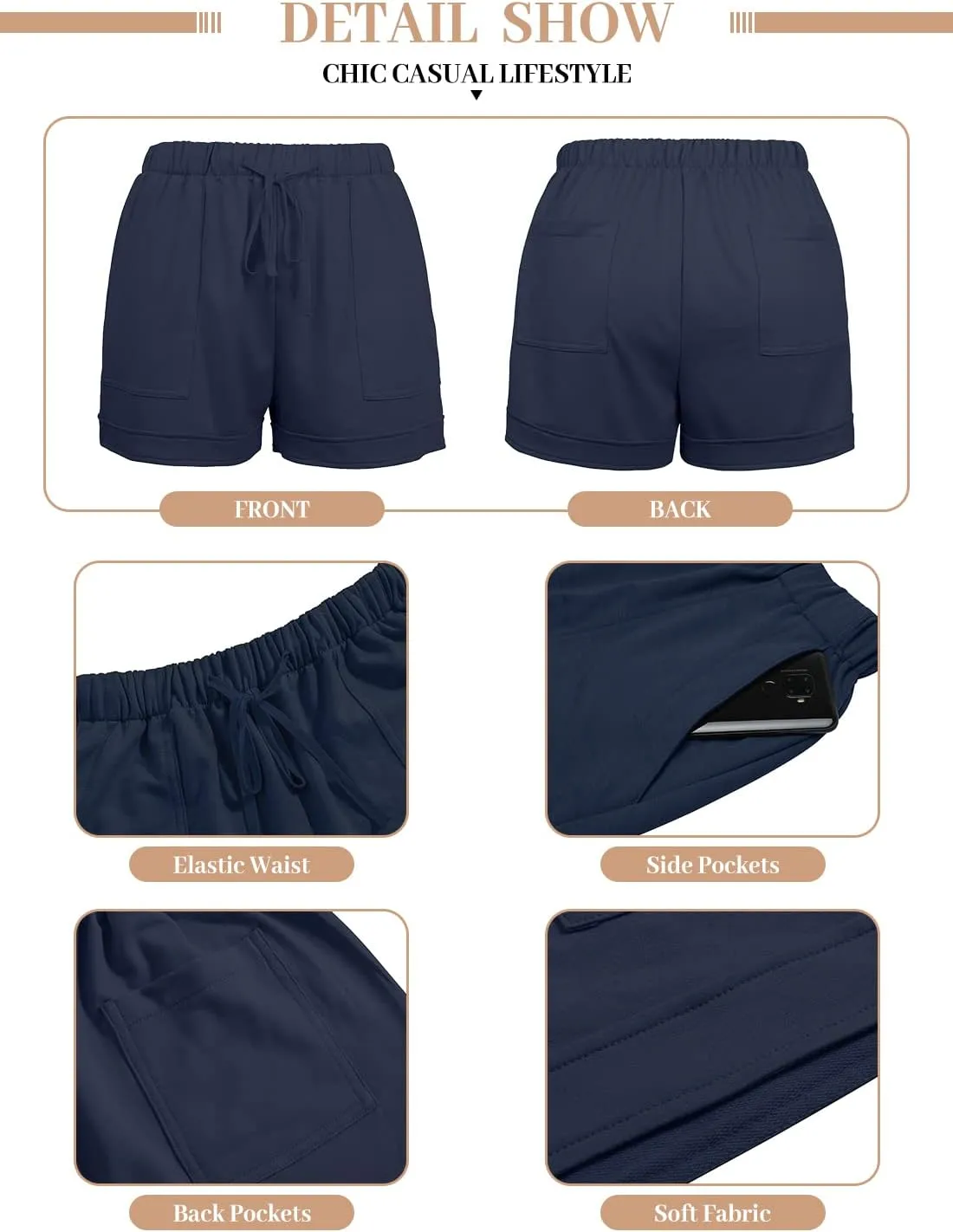 QUEEN PLUS Womens Casual Shorts Comfy Elastic Waist Drawstring Pocket Shorts Pants