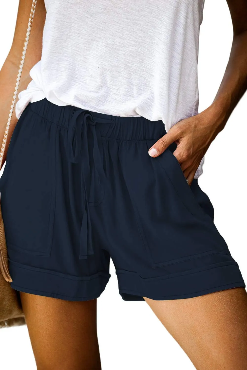 QUEEN PLUS Womens Casual Shorts Comfy Elastic Waist Drawstring Pocket Shorts Pants