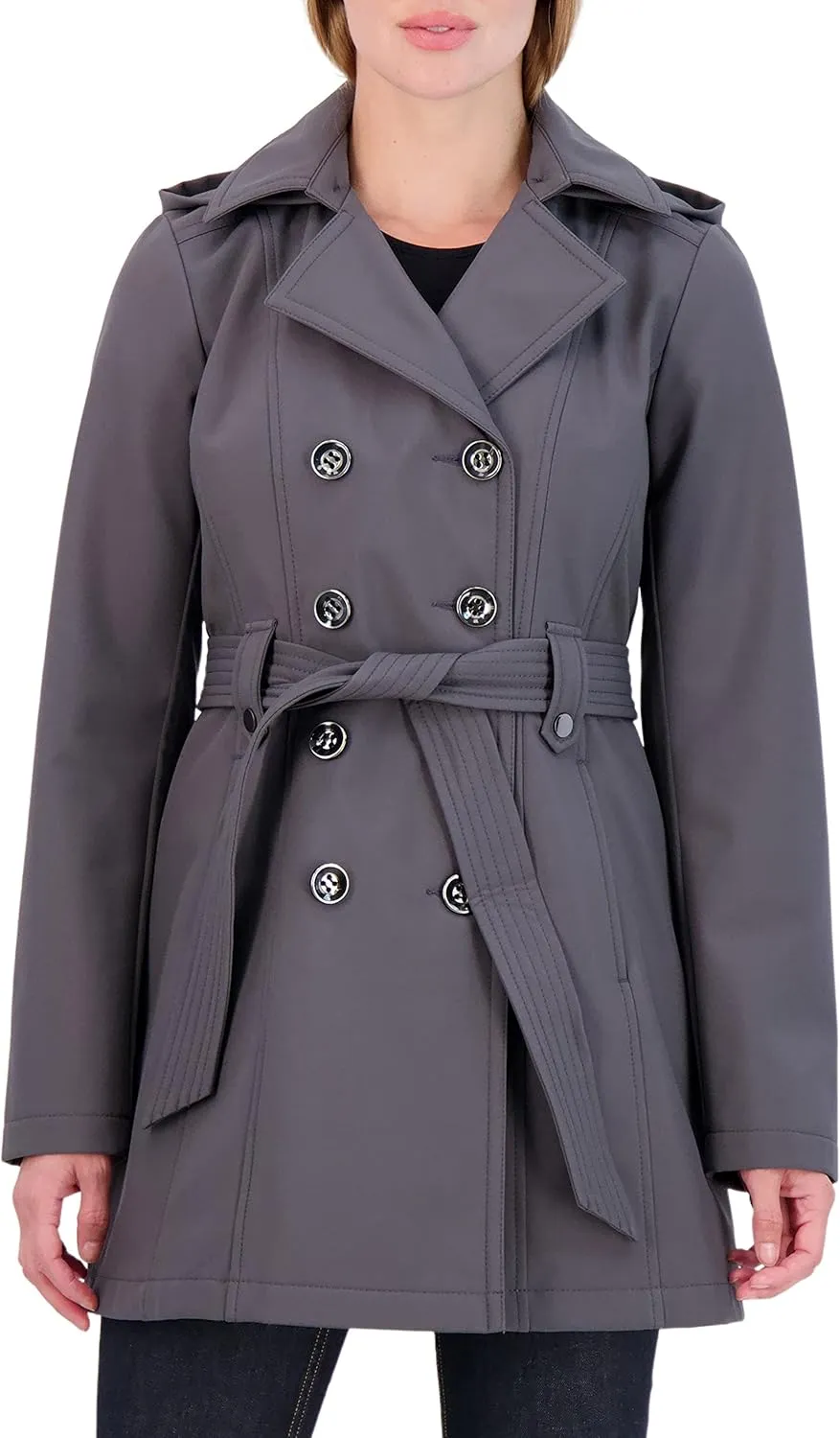 Sebby Collection Women's Soft Shell Trench Coat with Detachable Hood
