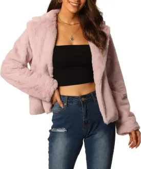Seta T Women's Cropped Faux Fur Coat Fashion Winter Open Front Jacket Notch Lapel Long Sleeve Fluffy Coat