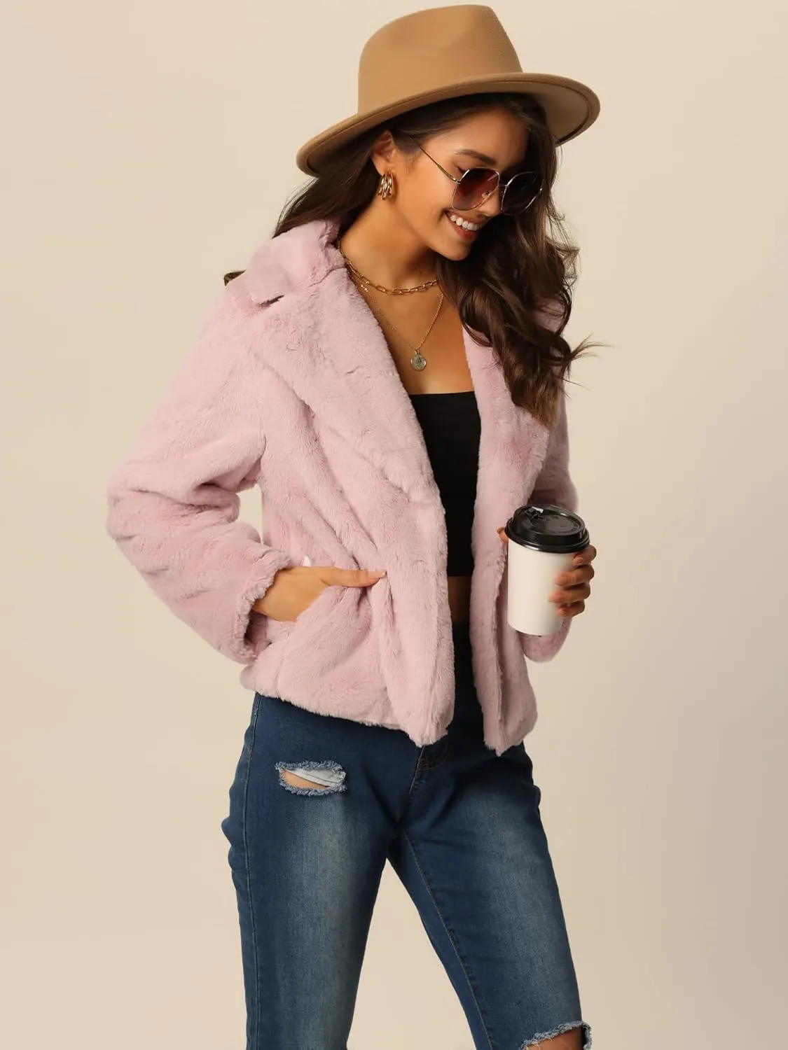 Seta T Women's Cropped Faux Fur Coat Fashion Winter Open Front Jacket Notch Lapel Long Sleeve Fluffy Coat