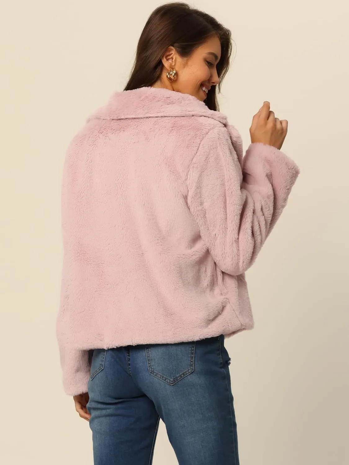 Seta T Women's Cropped Faux Fur Coat Fashion Winter Open Front Jacket Notch Lapel Long Sleeve Fluffy Coat