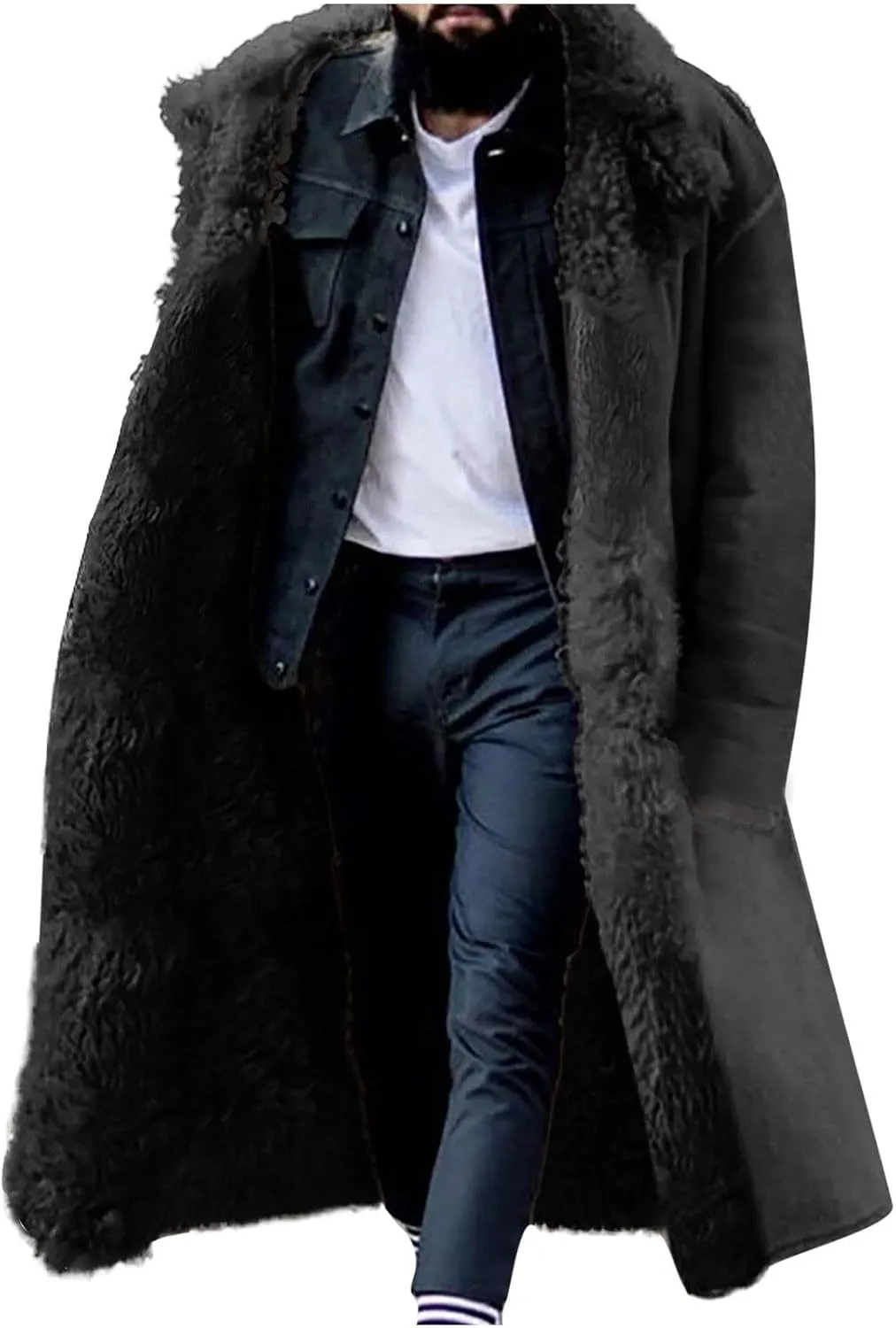 Sherpa Lined Long Jacket Men Faux Leather Shearling Jacket Fur Collar Long Trench Coats Winter Fleece Overcoat