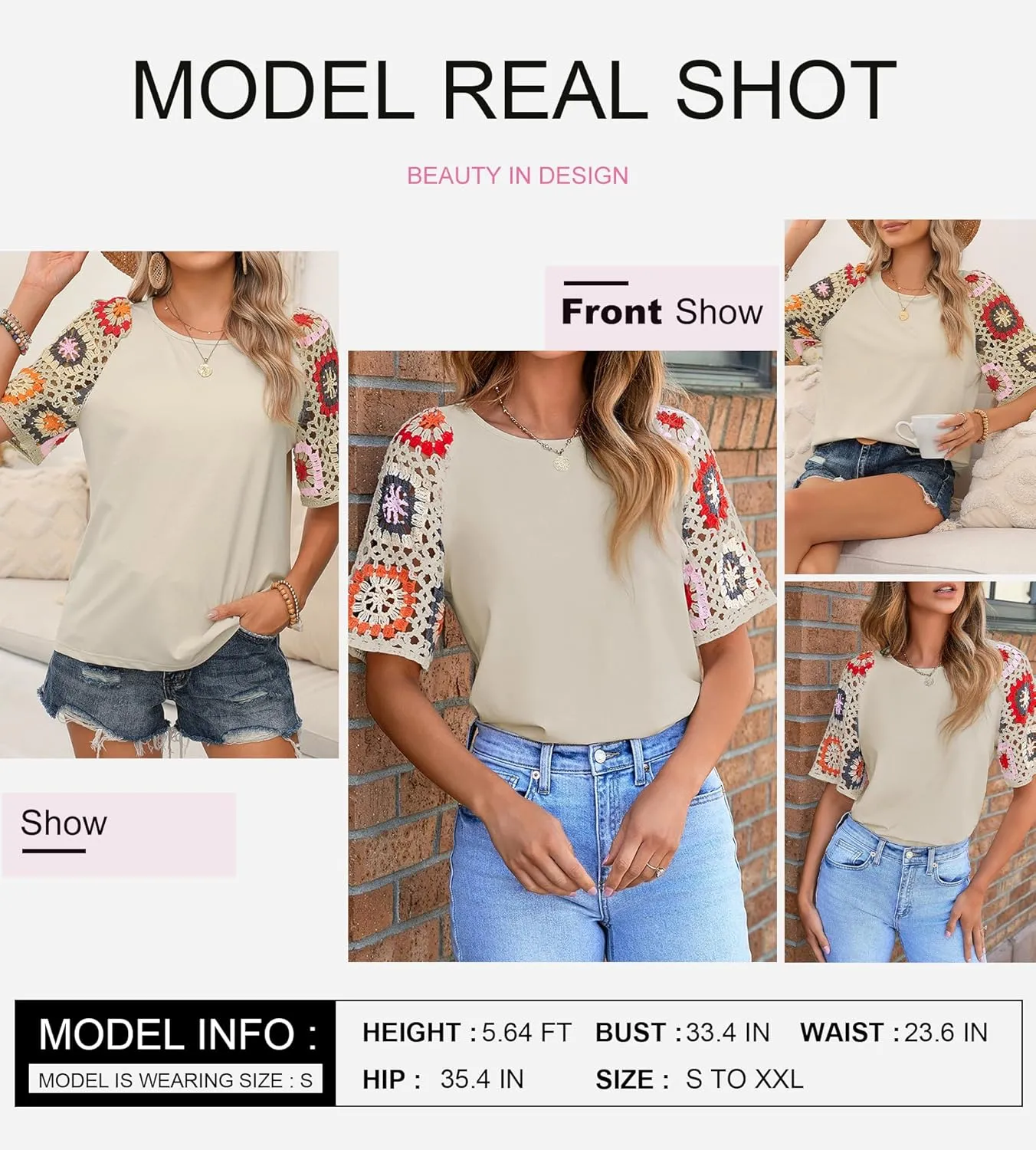 SHEWIN Womens Summer Tops Casual Short Sleeve T Shirts Crewneck Boho Crochet Floral Print Shirt Blouses