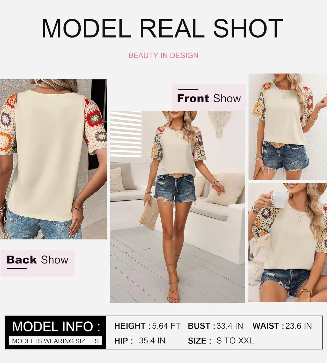 SHEWIN Womens Summer Tops Casual Short Sleeve T Shirts Crewneck Boho Crochet Floral Print Shirt Blouses