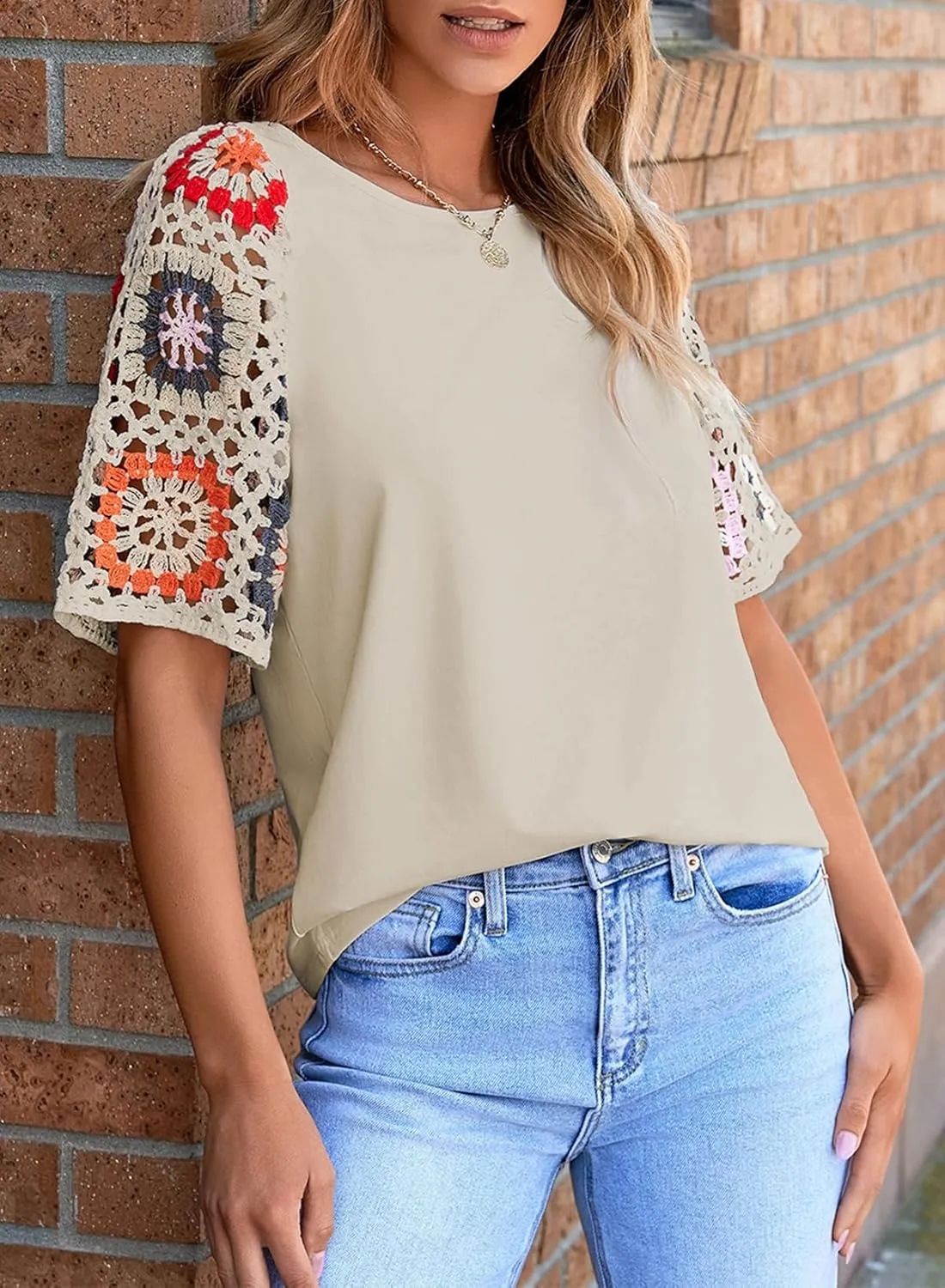 SHEWIN Womens Summer Tops Casual Short Sleeve T Shirts Crewneck Boho Crochet Floral Print Shirt Blouses
