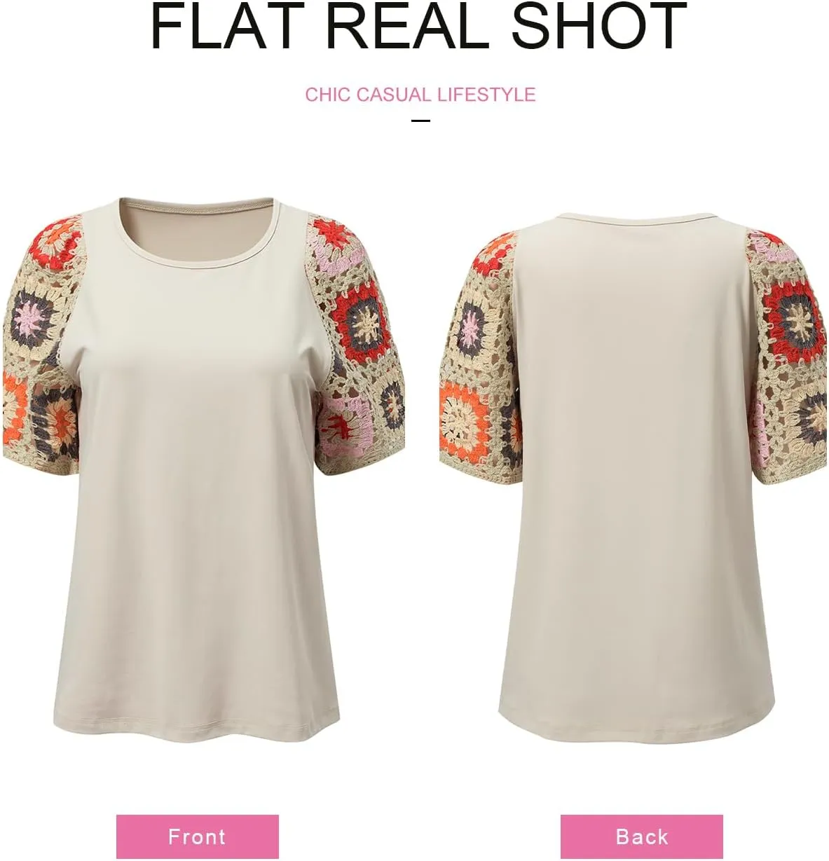 SHEWIN Womens Summer Tops Casual Short Sleeve T Shirts Crewneck Boho Crochet Floral Print Shirt Blouses