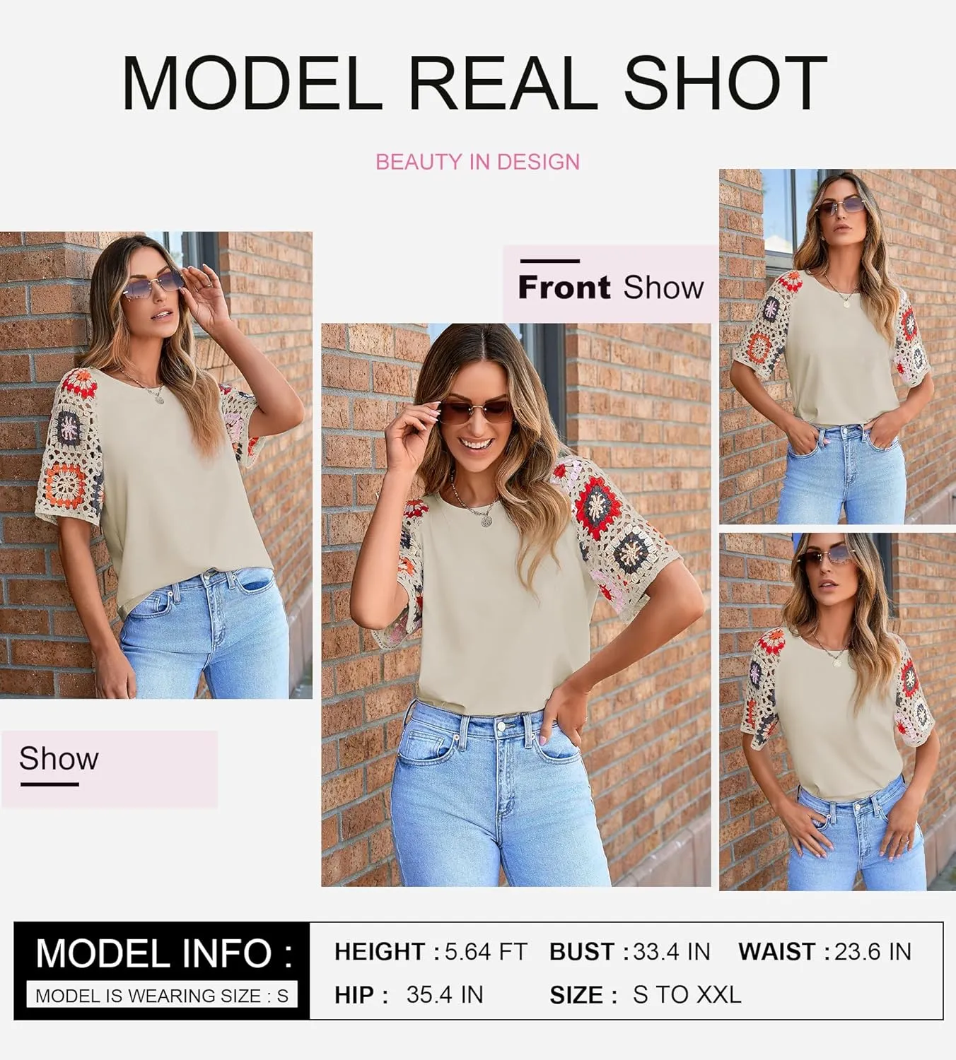 SHEWIN Womens Summer Tops Casual Short Sleeve T Shirts Crewneck Boho Crochet Floral Print Shirt Blouses