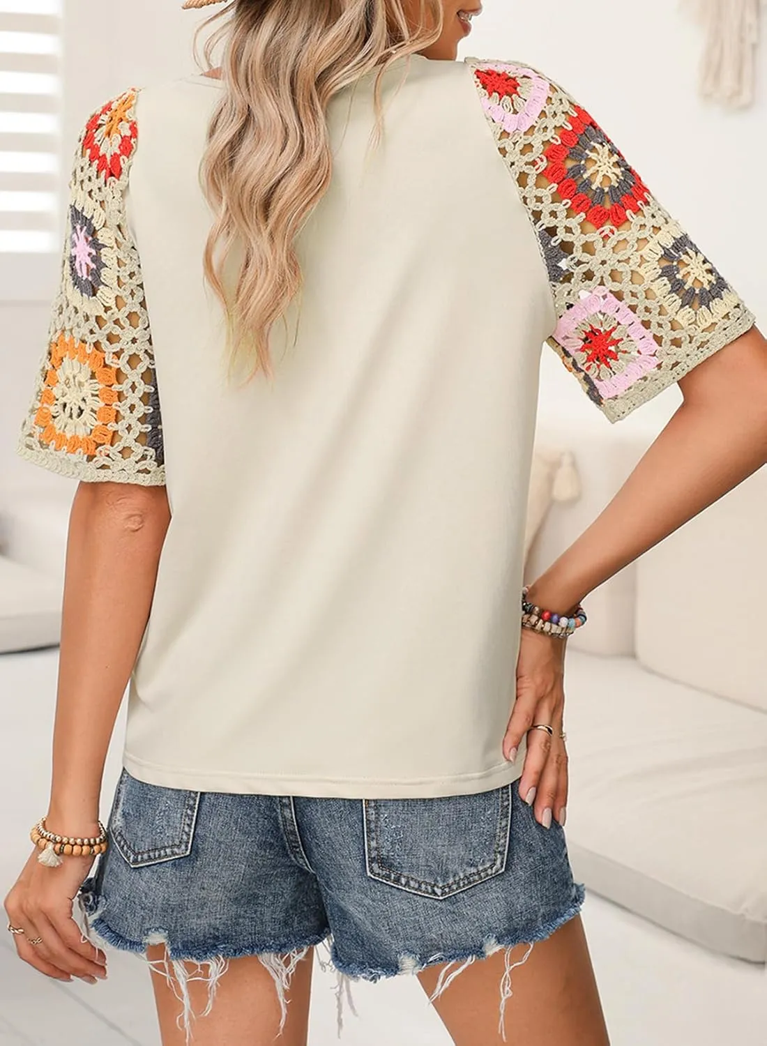 SHEWIN Womens Summer Tops Casual Short Sleeve T Shirts Crewneck Boho Crochet Floral Print Shirt Blouses
