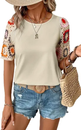 SHEWIN Womens Summer Tops Casual Short Sleeve T Shirts Crewneck Boho Crochet Floral Print Shirt Blouses