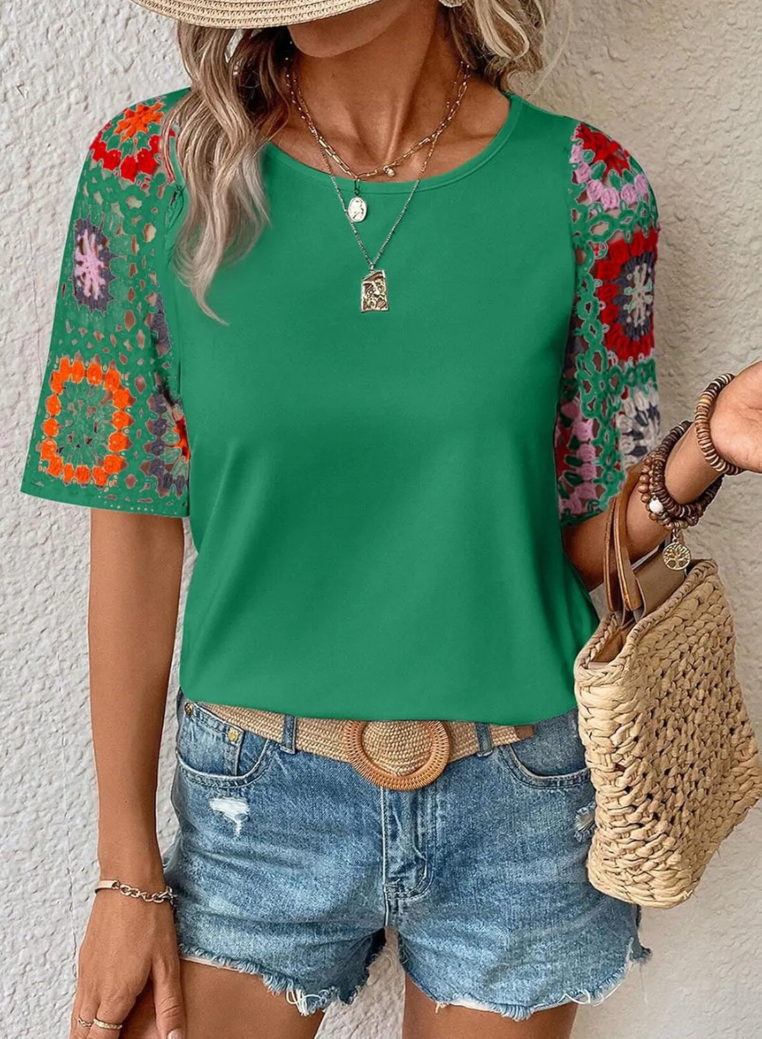 SHEWIN Womens Summer Tops Casual Short Sleeve T Shirts Crewneck Boho Crochet Floral Print Shirt Blouses