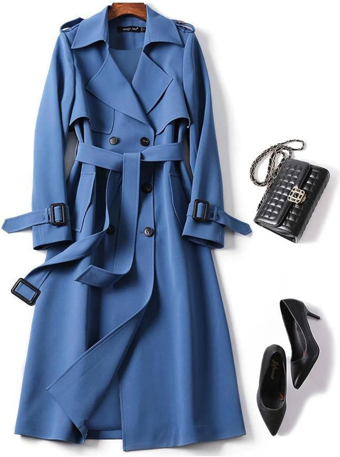 SOMTHRON Women's Double Breasted Long Trench Coat Belted Notch Lapel Overcoat Windproof Classic Outerwear