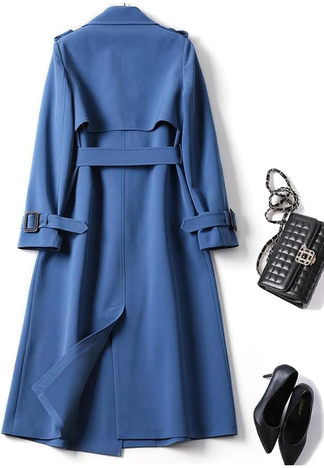 SOMTHRON Women's Double Breasted Long Trench Coat Belted Notch Lapel Overcoat Windproof Classic Outerwear