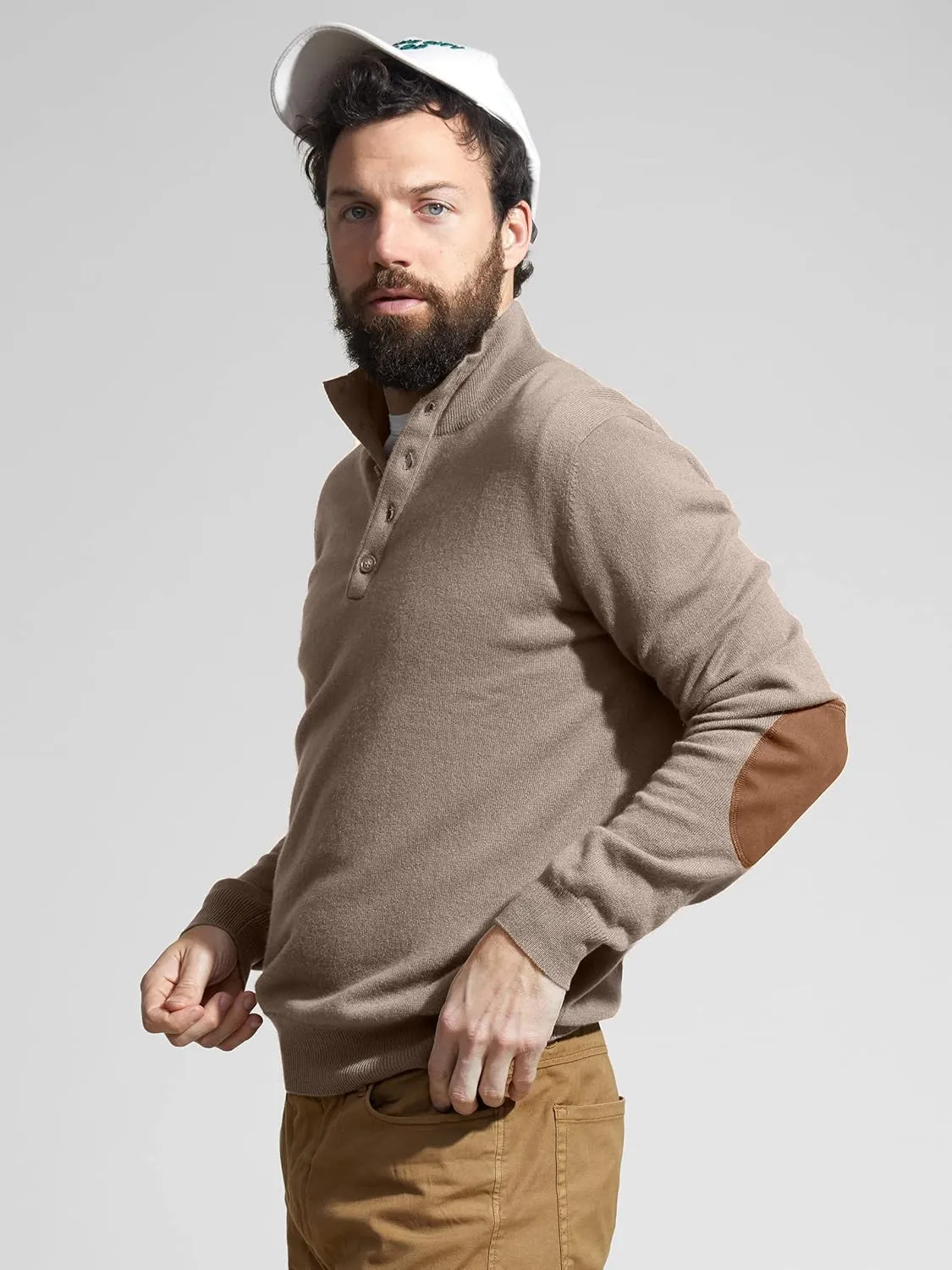 State Cashmere Men's Button Up Mock Neck Sweater 100% Pure Cashmere Long Sleeve Polo Quarter Collar Pullover