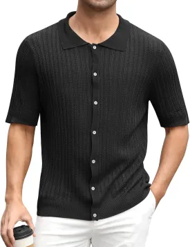 Sumolux Mens Knit Button Down Shirt Short Sleeve Polo Shirts Vintage Shirts Texture Casual Summer Beach Shirt