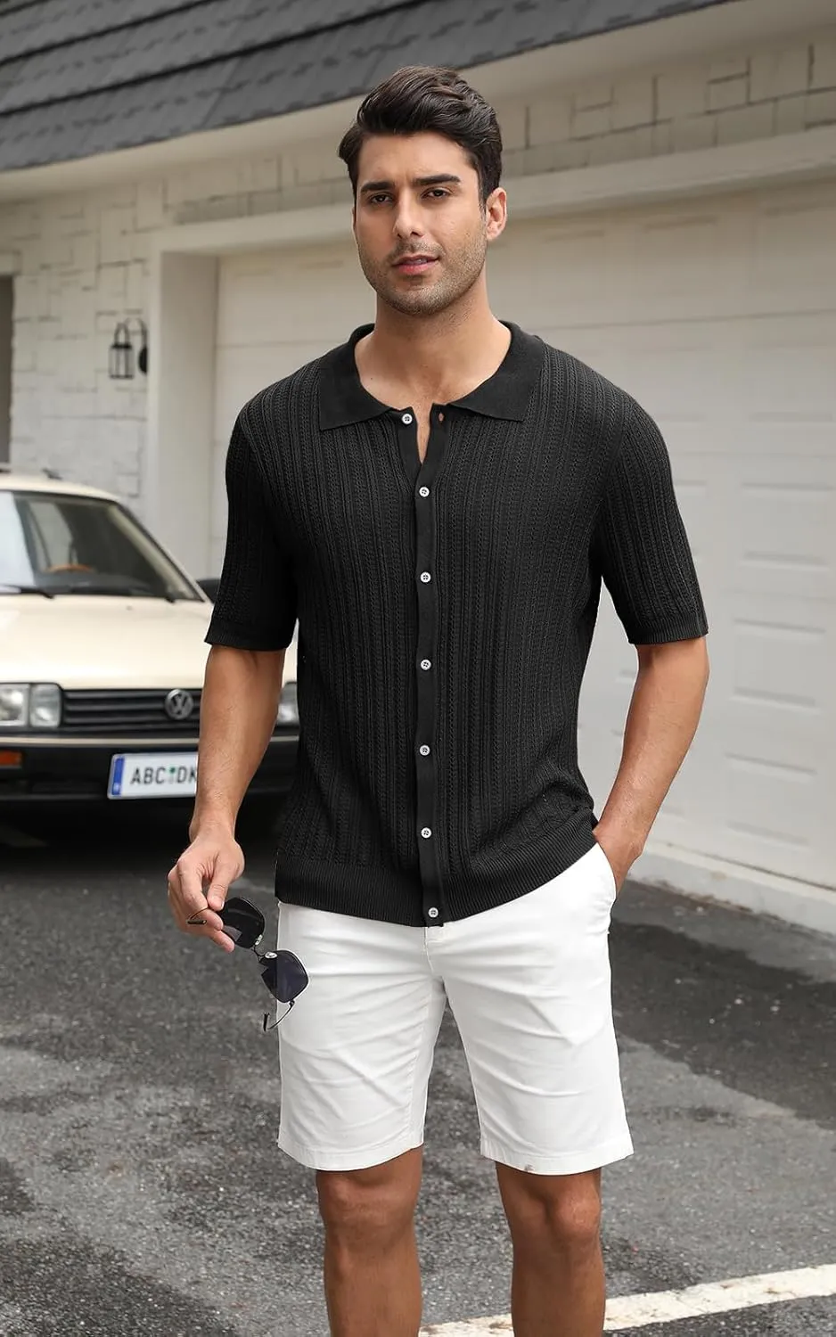 Sumolux Mens Knit Button Down Shirt Short Sleeve Polo Shirts Vintage Shirts Texture Casual Summer Beach Shirt