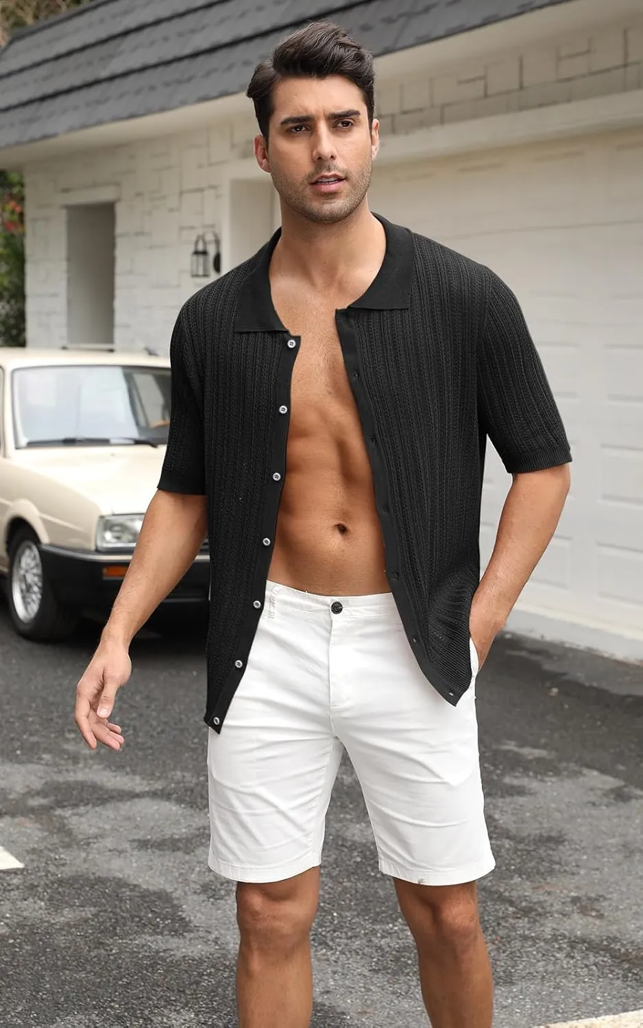 Sumolux Mens Knit Button Down Shirt Short Sleeve Polo Shirts Vintage Shirts Texture Casual Summer Beach Shirt