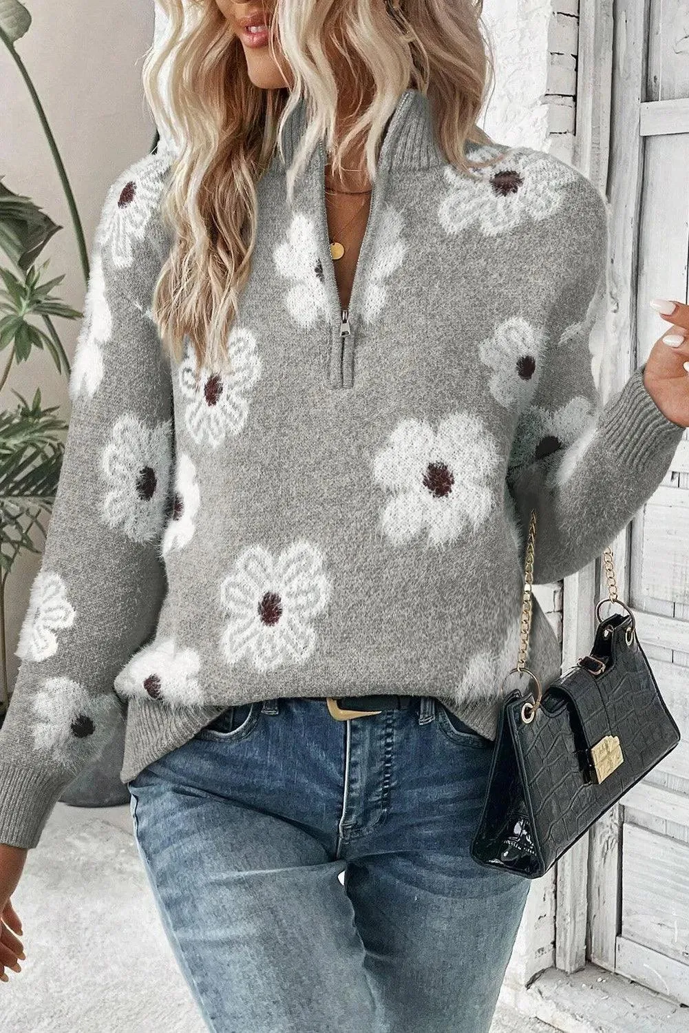 Sweater Flower Turtleneck Half Zip Long Sleeve Knitwear