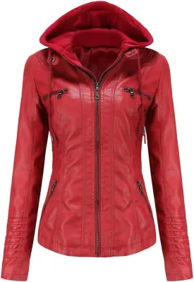 Tagoo Faux Leather Jacket Women Motorcycle Coat for Biker with Removable Hood Plus Size