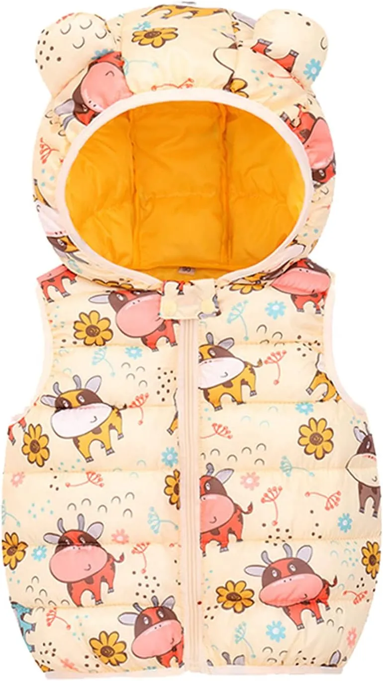 Toddler Baby Boys Girls Hooded Puffer Vest Cute Animals Print Lightweight Sleeveless Bear Ears Zipper Up Waistcoat
