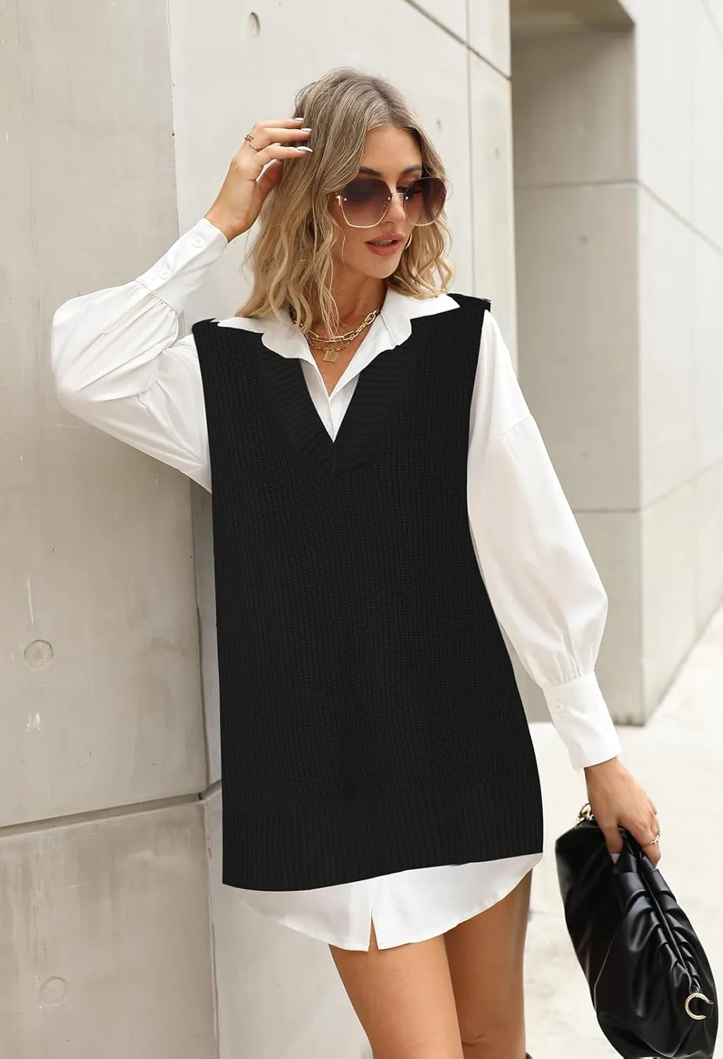 Viottiset Women's Oversized V Neck Knit Sweater Vest Tunic Sleeveless Pullover Top