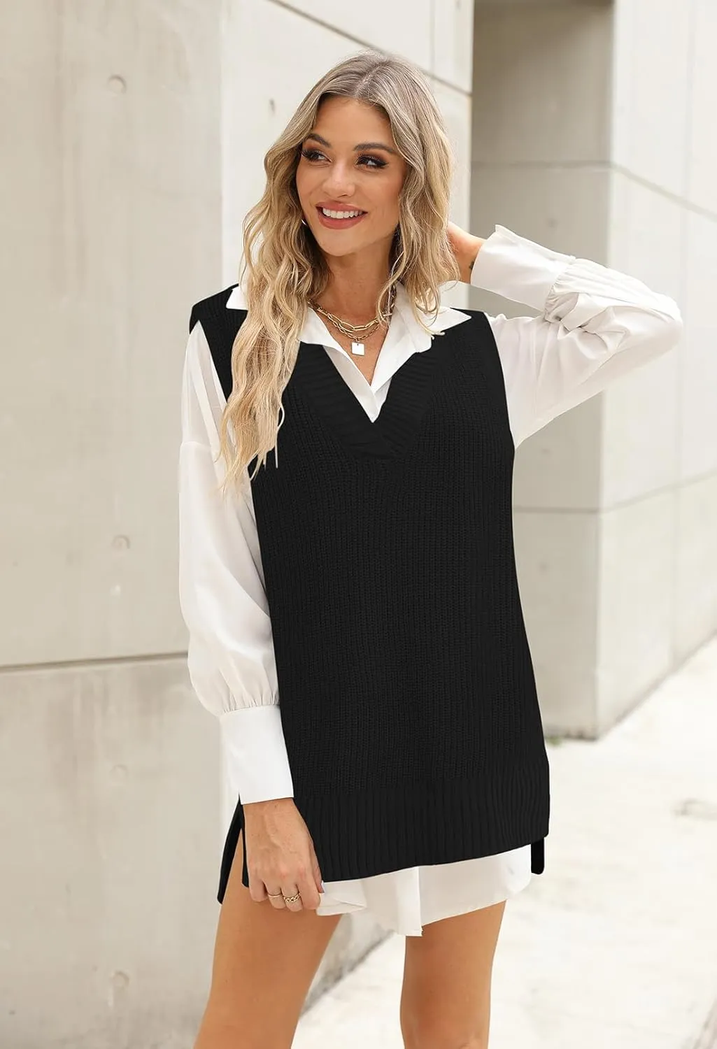 Viottiset Women's Oversized V Neck Knit Sweater Vest Tunic Sleeveless Pullover Top