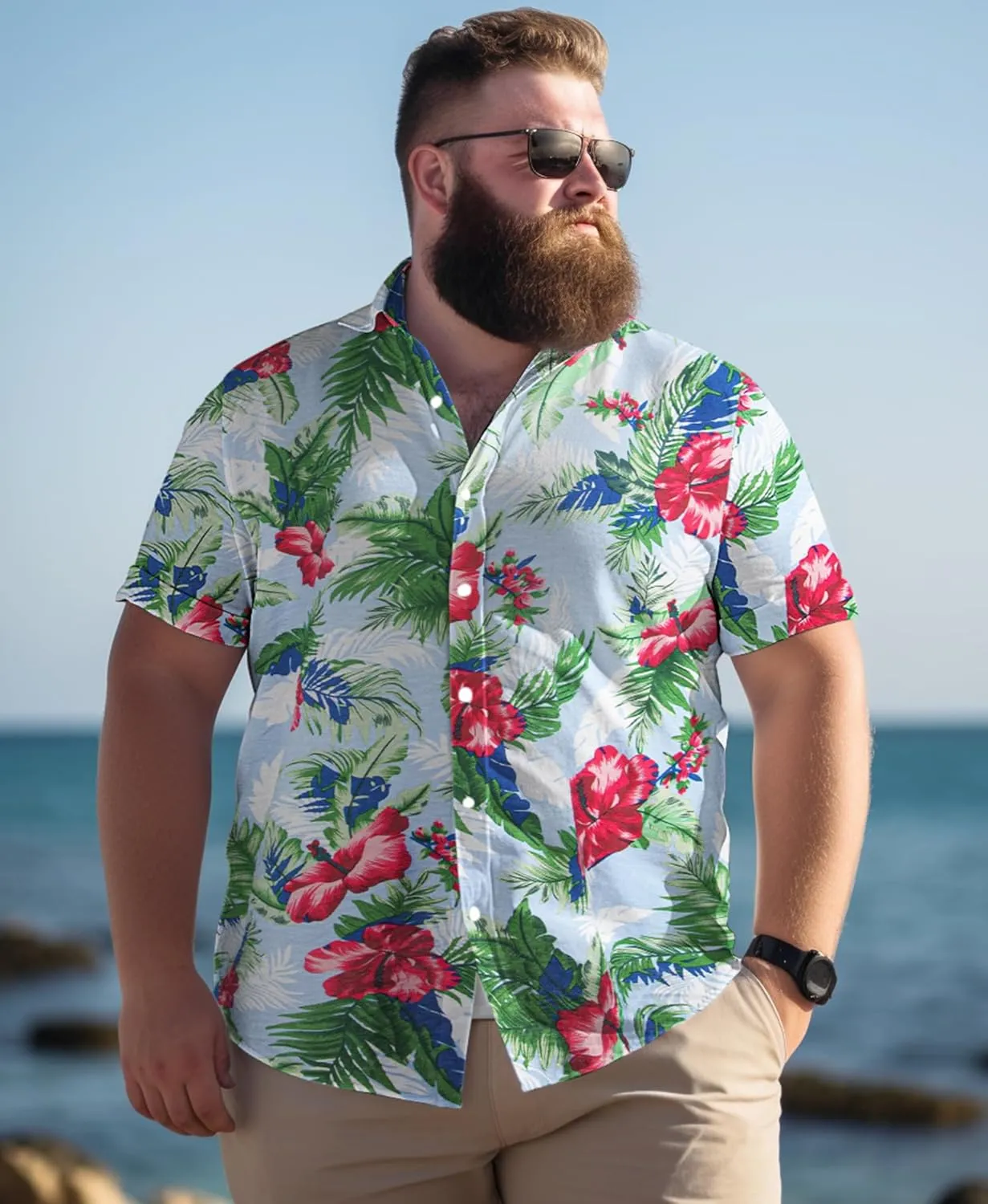 Weecreeture Big and Tall Men's Hawaiian Shirt - Short Sleeve, Tropical Floral Button Down Casual Summer Beach Shirt