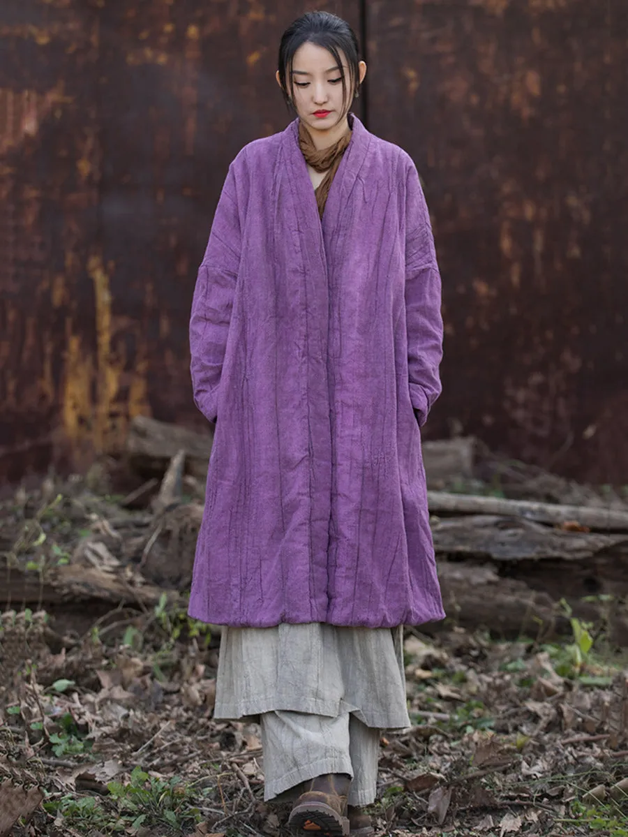 Women Worn Tie-dye Ramie Long Padded Coat