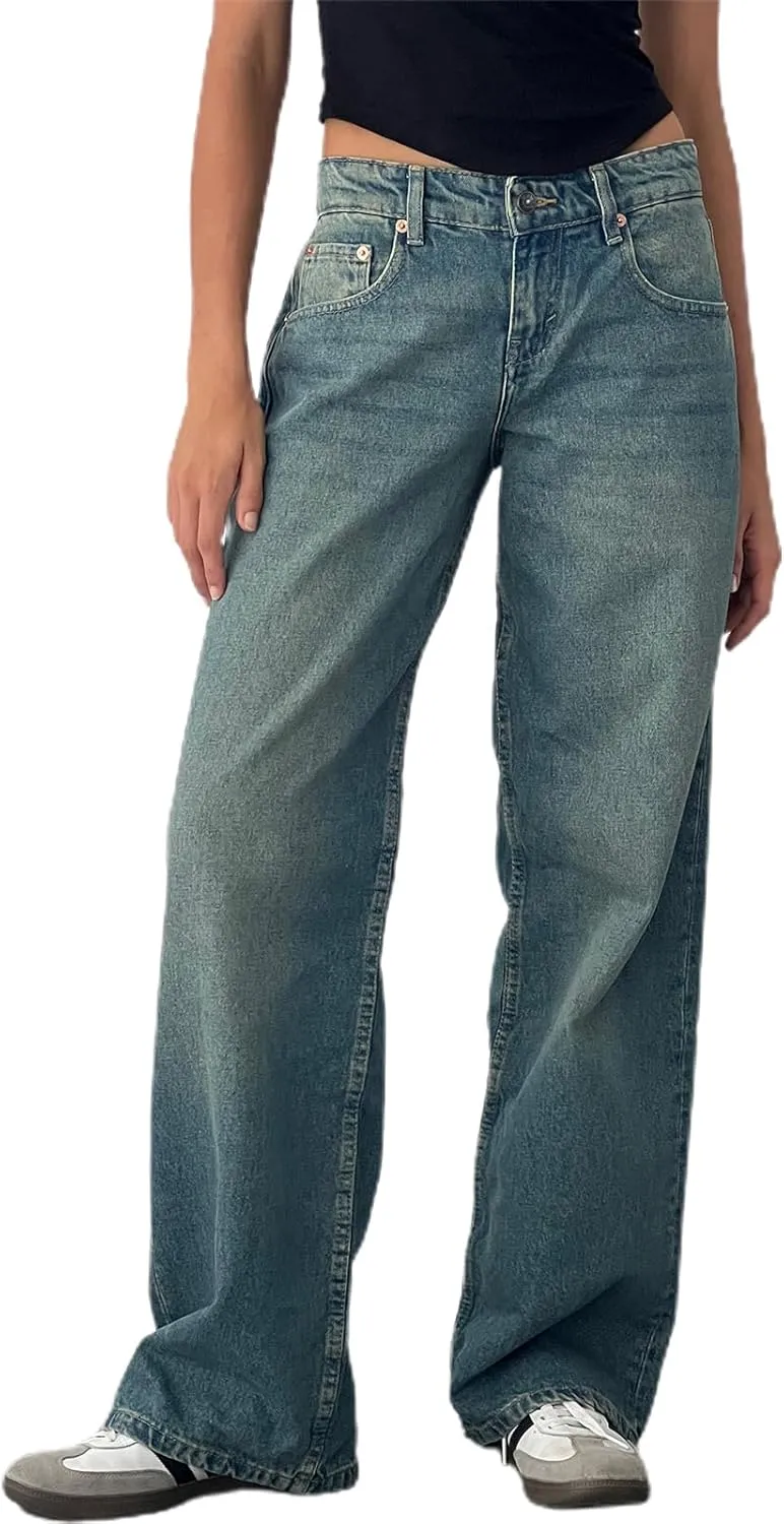 Women Y2k Low Rise Baggy Jeans Loose Fit Boyfriend Straight Wide Leg Jeans Trendy Stretch Long Denim Pants