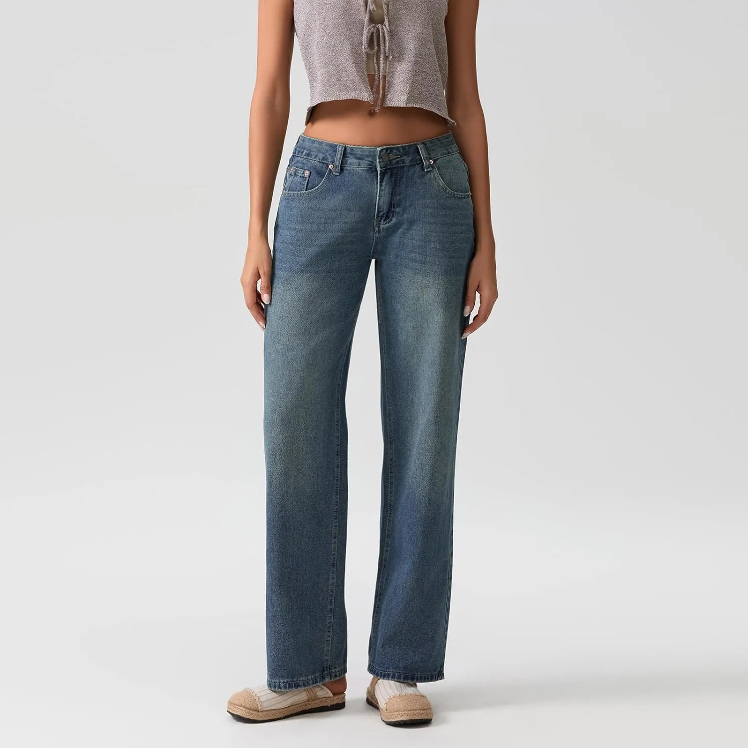 Women Y2k Low Rise Baggy Jeans Loose Fit Boyfriend Straight Wide Leg Jeans Trendy Stretch Long Denim Pants