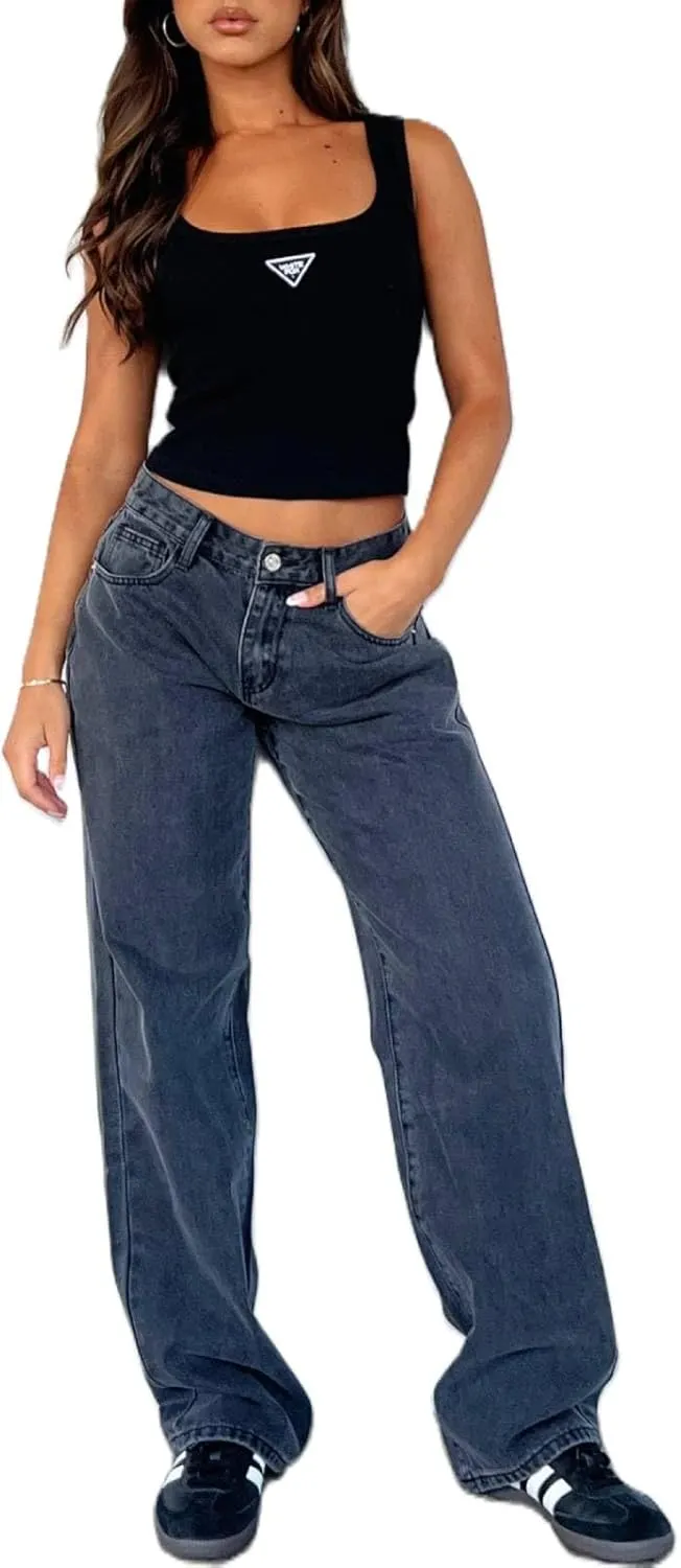 Women Y2k Low Rise Baggy Jeans Vintage Boyfriend Loose Fit Straight Wide Leg Jeans Casual Long Denim Pants