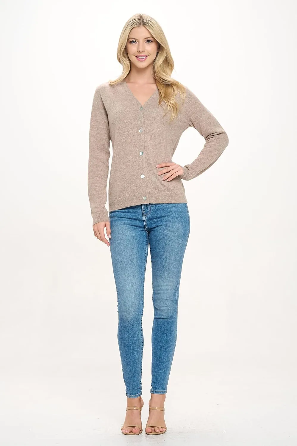 Women's 100% Cashmere Soft Long Sleeve V Neck Button Cardigan