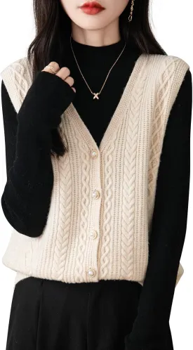 Women's 100% Merino Wool Sweater Vest 2025 Fall Winter V Neck Button Down Sleeveless Cable Knit Sweater Vest