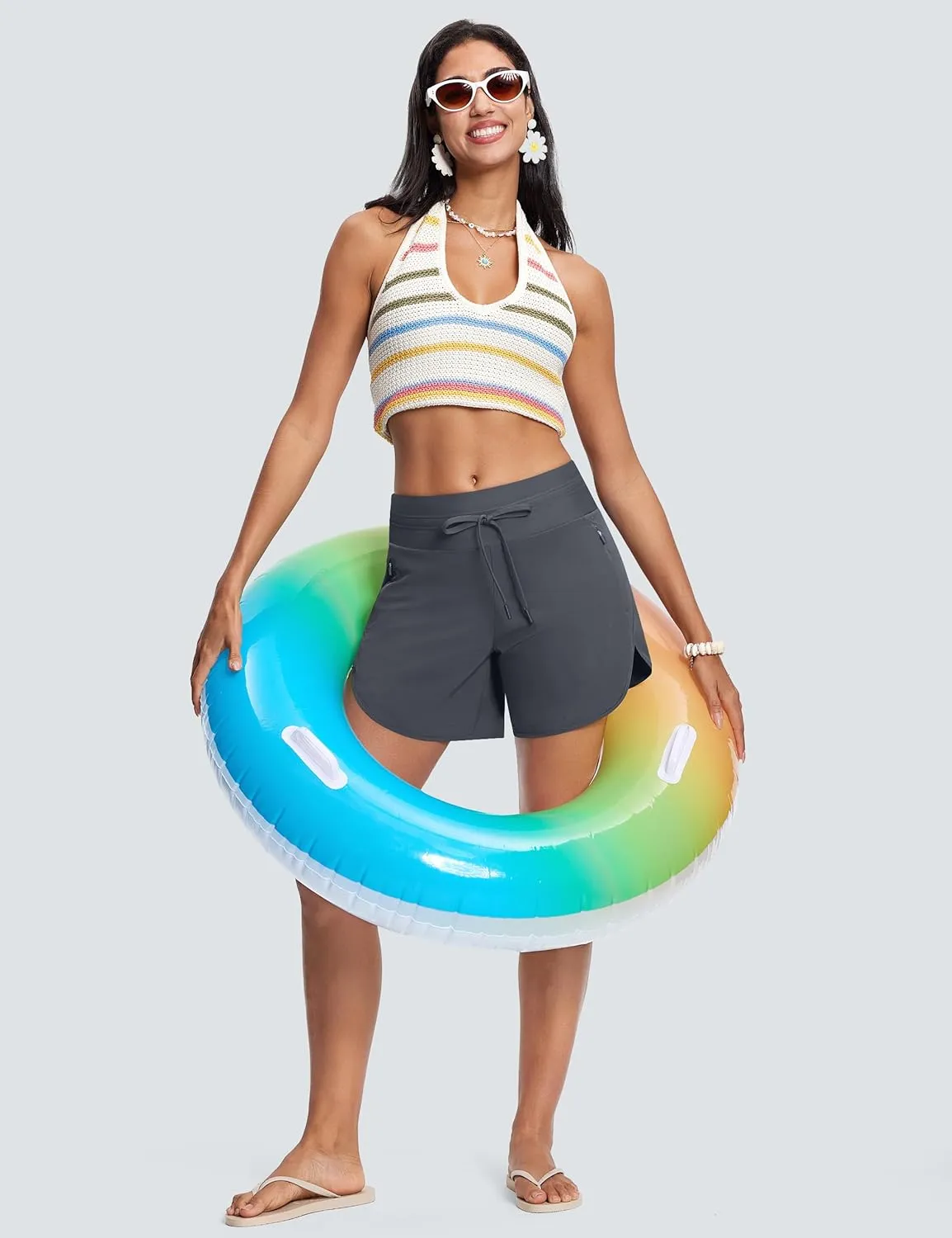 Womens 5.5" Swim Shorts High Waisted Board Shorts with Pockets Quick Dry UPF 50  Beach Shorts with Liner