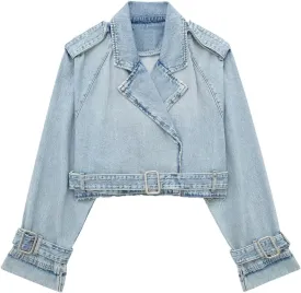 Women's Casual Lapel Short Denim Trench Jacket Cropped Pea Coat Crop Long Sleeve Jean Jackets Coats Outwear with Belt