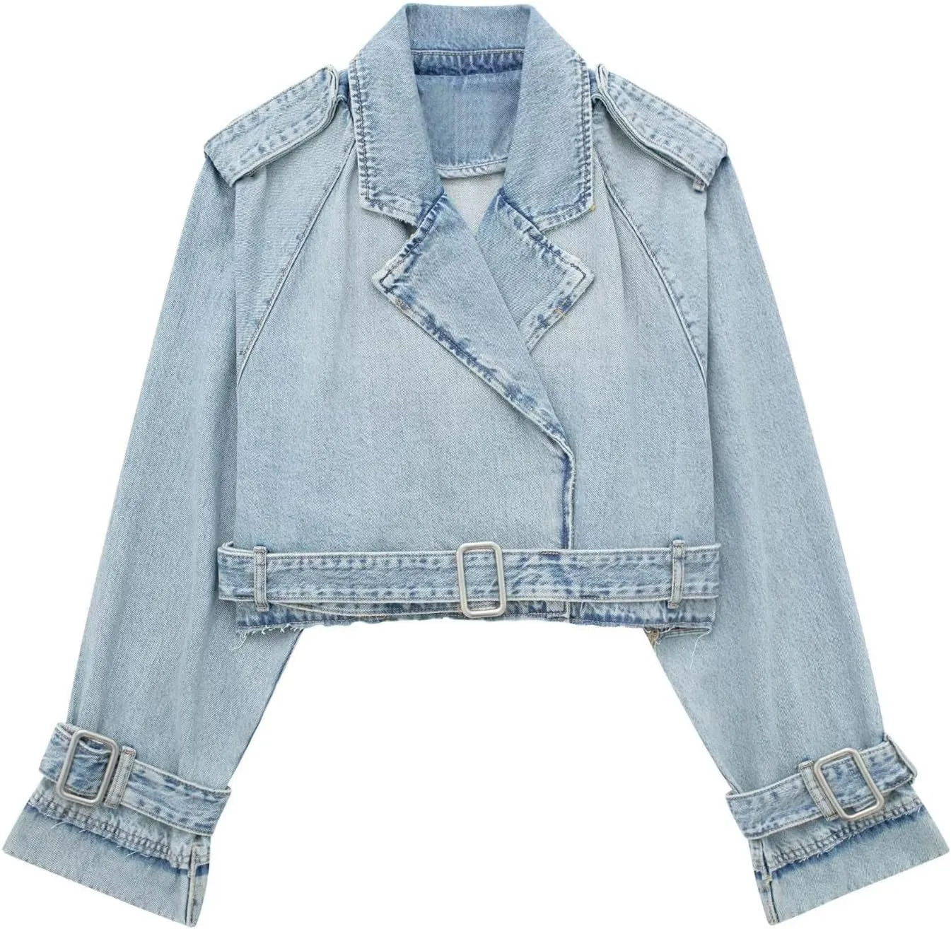 Women's Casual Lapel Short Denim Trench Jacket Cropped Pea Coat Crop Long Sleeve Jean Jackets Coats Outwear with Belt