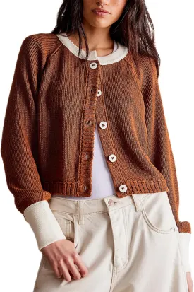 Women's Color Block Cropped Cardigan Sweater Fall Long Sleeve Open Front Button Down Knitwear Crewneck Knit Outwear