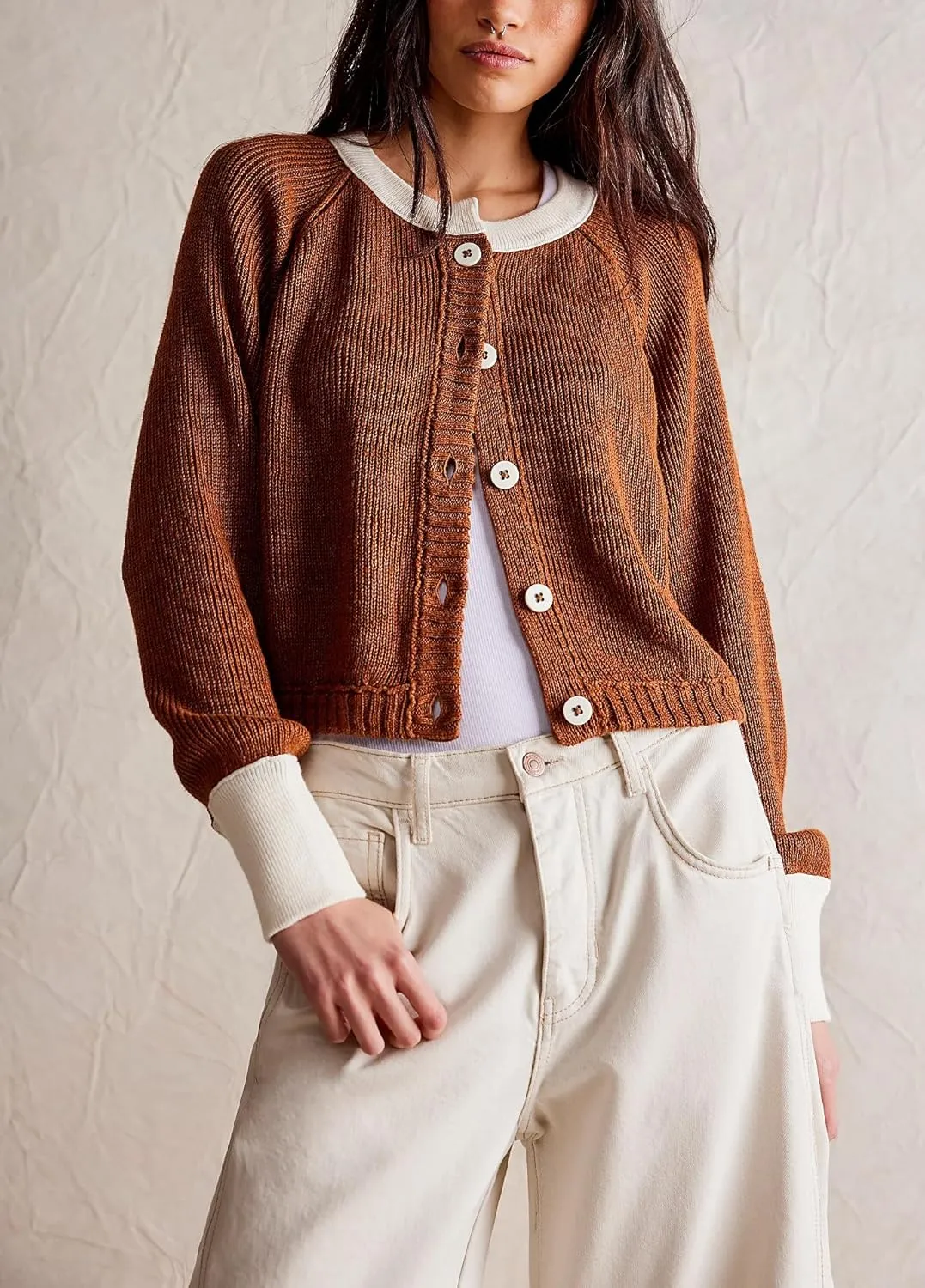 Women's Color Block Cropped Cardigan Sweater Fall Long Sleeve Open Front Button Down Knitwear Crewneck Knit Outwear