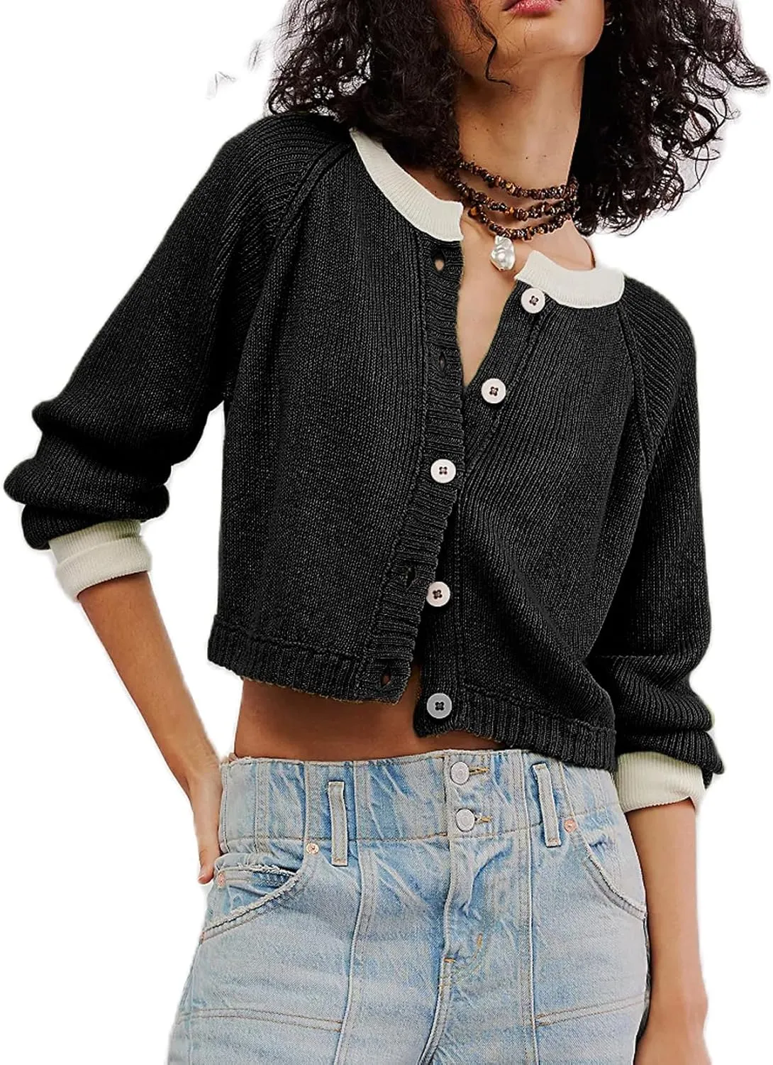 Women's Color Block Cropped Cardigan Sweater Fall Long Sleeve Open Front Button Down Knitwear Crewneck Knit Outwear