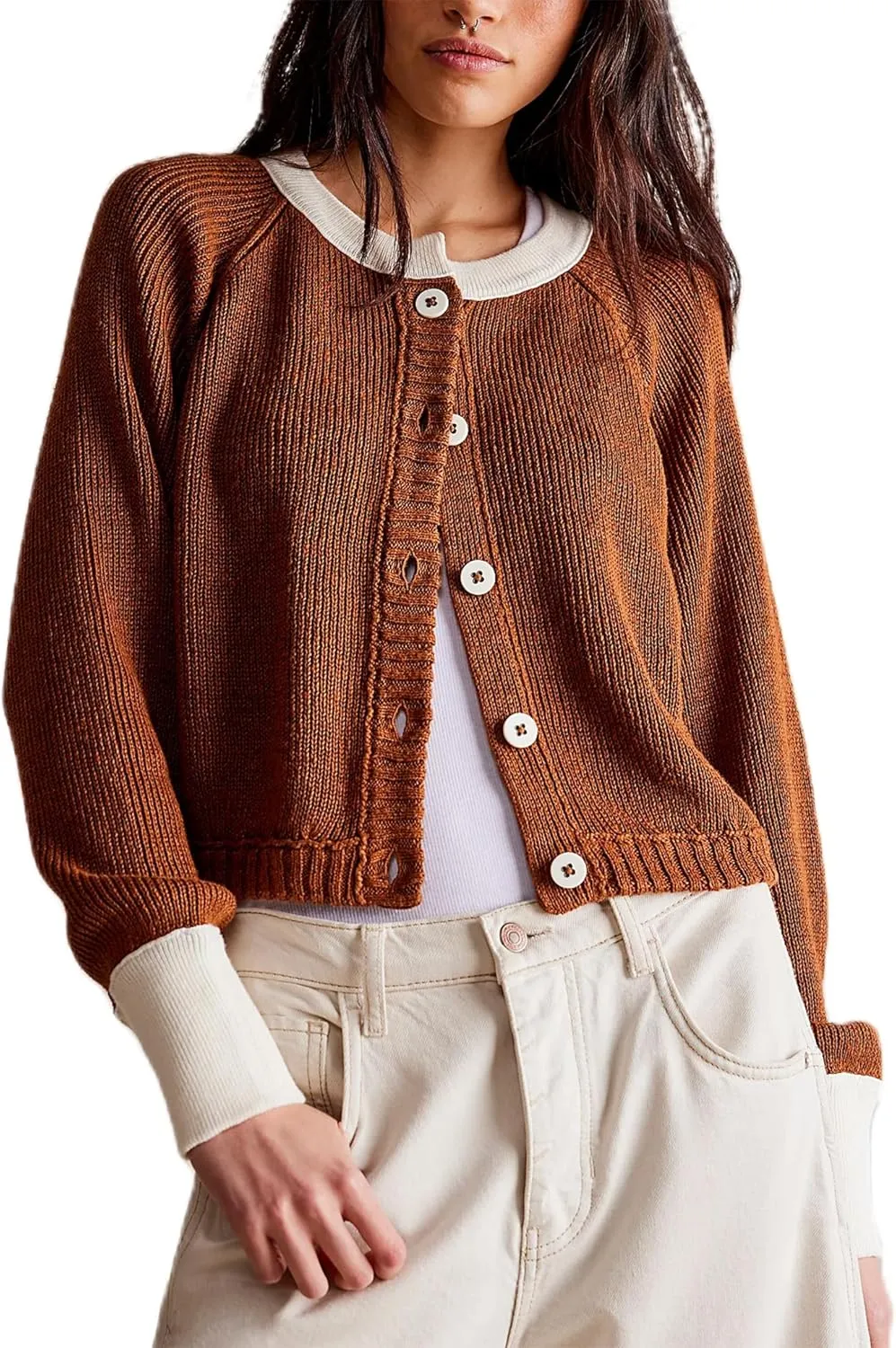 Women's Color Block Cropped Cardigan Sweater Fall Long Sleeve Open Front Button Down Knitwear Crewneck Knit Outwear