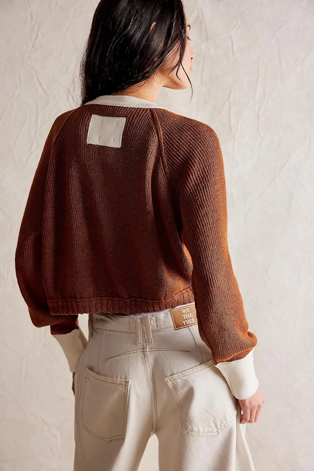 Women's Color Block Cropped Cardigan Sweater Fall Long Sleeve Open Front Button Down Knitwear Crewneck Knit Outwear