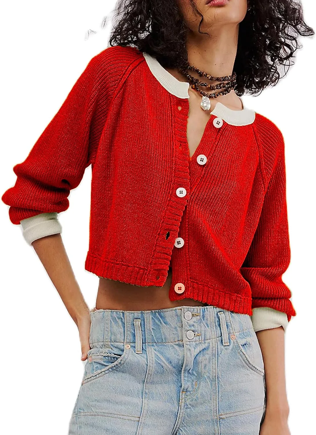 Women's Color Block Cropped Cardigan Sweater Fall Long Sleeve Open Front Button Down Knitwear Crewneck Knit Outwear