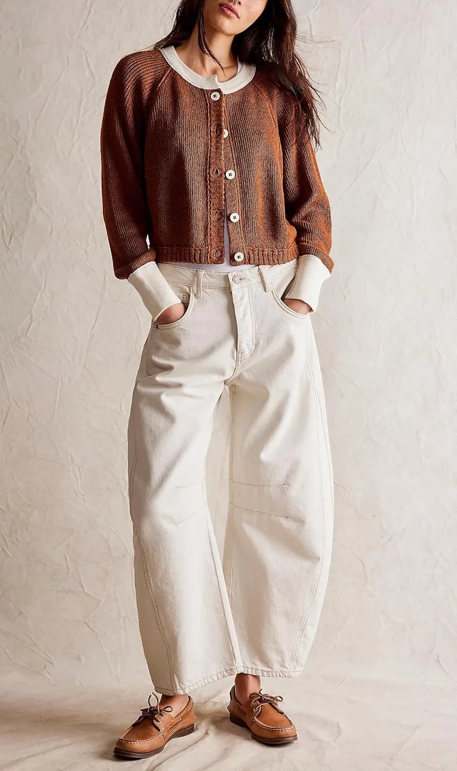 Women's Color Block Cropped Cardigan Sweater Fall Long Sleeve Open Front Button Down Knitwear Crewneck Knit Outwear