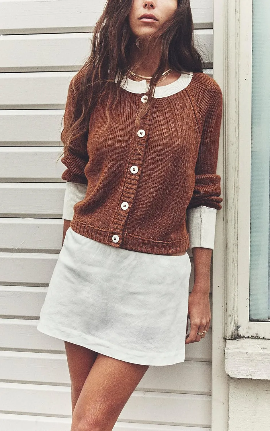 Women's Color Block Cropped Cardigan Sweater Fall Long Sleeve Open Front Button Down Knitwear Crewneck Knit Outwear