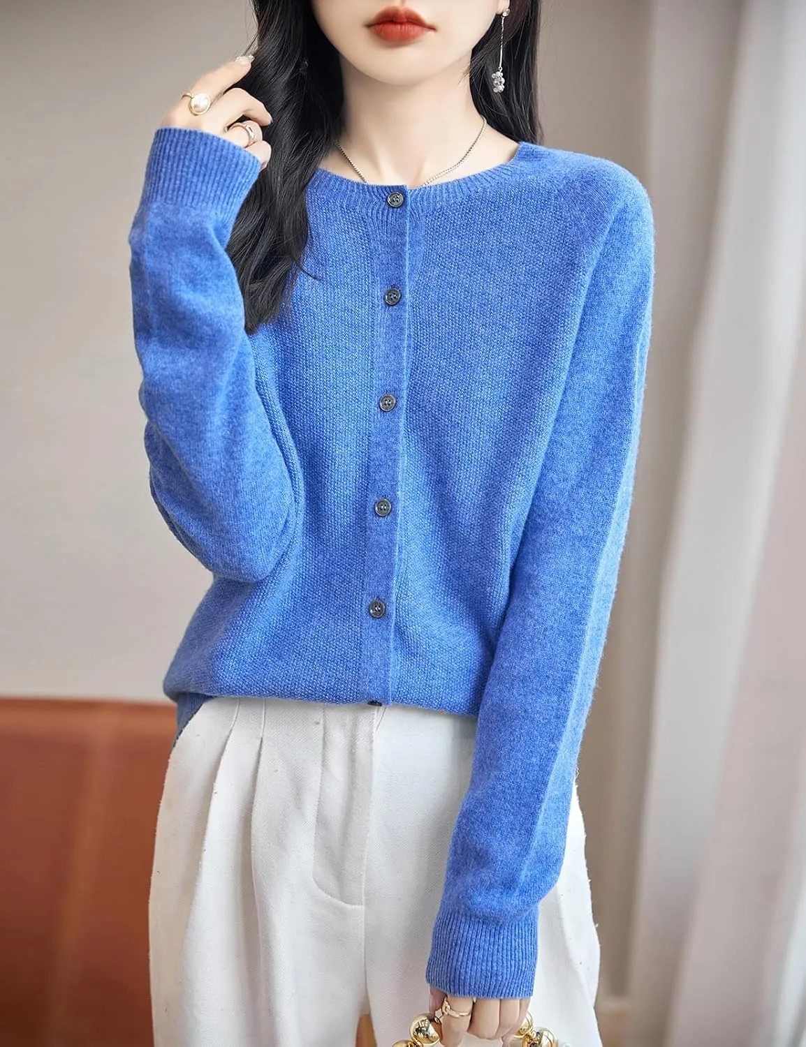 Women's Crewneck 100% Merino Wool Sweater 2025 Spring Fall Solid Long Sleeve Seamless Knitted Cardigan Sweater