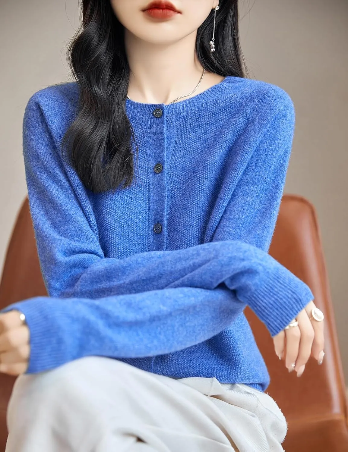 Women's Crewneck 100% Merino Wool Sweater 2025 Spring Fall Solid Long Sleeve Seamless Knitted Cardigan Sweater