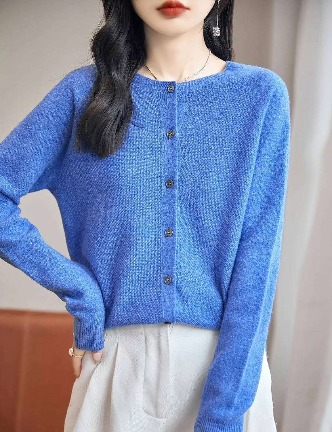 Women's Crewneck 100% Merino Wool Sweater 2025 Spring Fall Solid Long Sleeve Seamless Knitted Cardigan Sweater