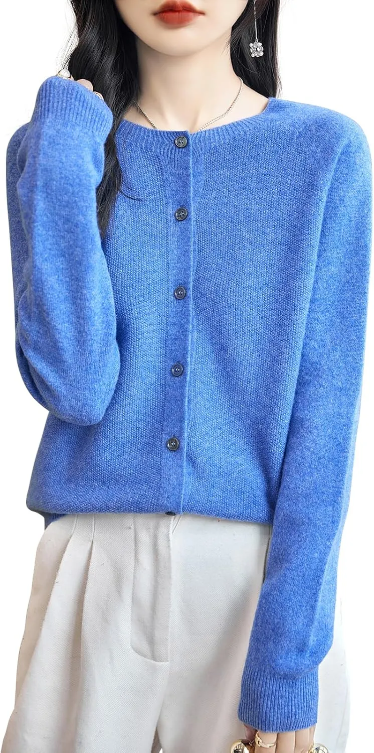 Women's Crewneck 100% Merino Wool Sweater 2025 Spring Fall Solid Long Sleeve Seamless Knitted Cardigan Sweater